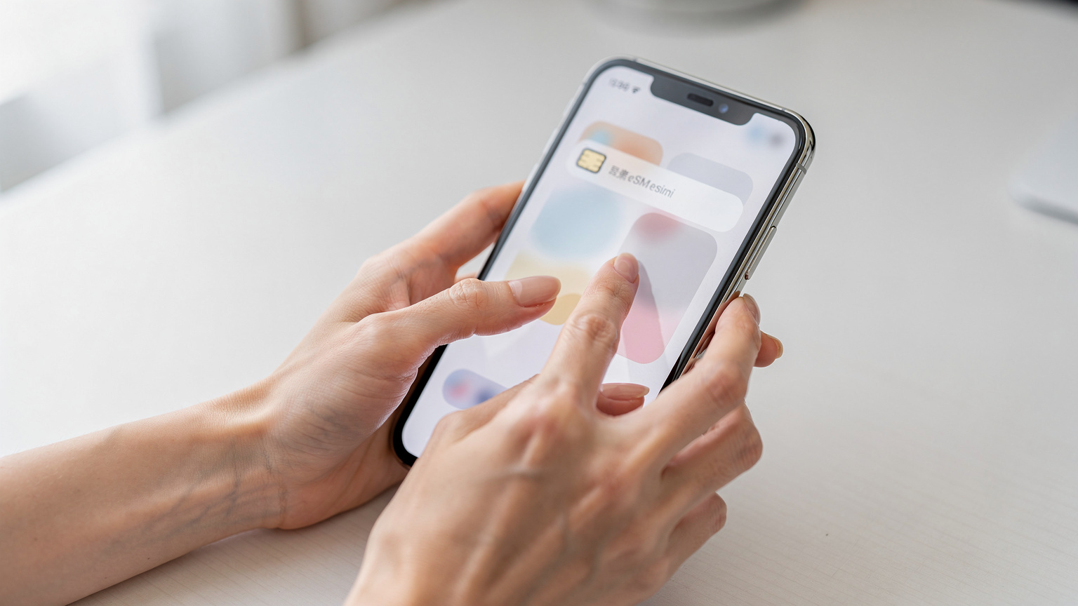 iPhoneのモバイル通信設定画面で、eSIMのプロファイルが正常に追加されたことを確認するユーザーの手元。