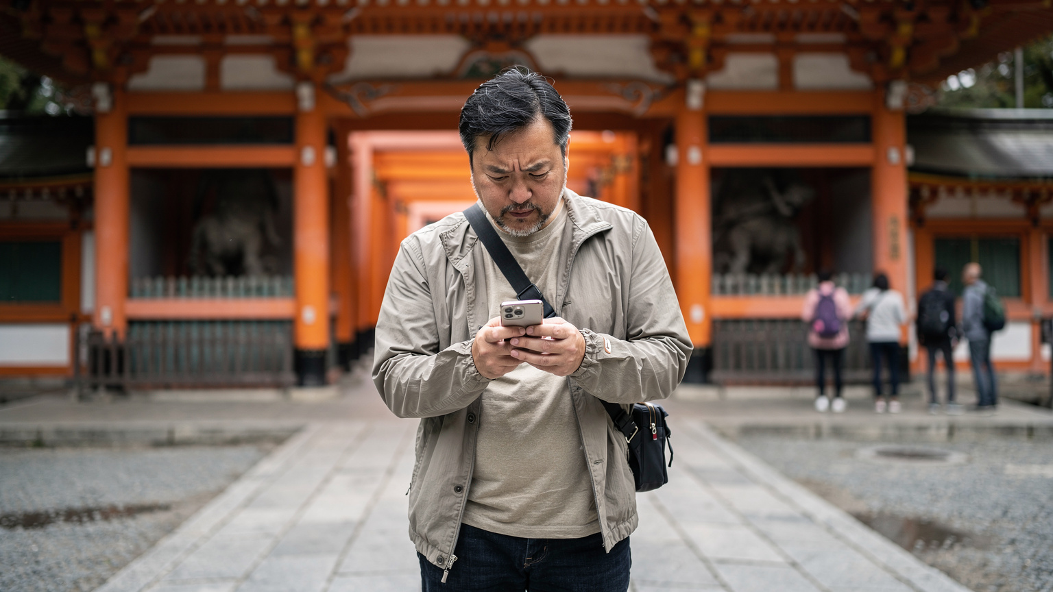 歴史的な寺院の門前で、スマートフォンの画面を心配そうに見つめる旅行者の手元。電波状況が悪いことを示唆するイメージ。