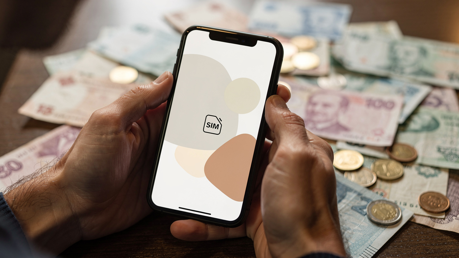 Ръце държат смартфон с отворено приложение за eSIM, докато на заден план се виждат банкноти турски лири и европейски монети, символизиращи избора между местна и международна свързаност.