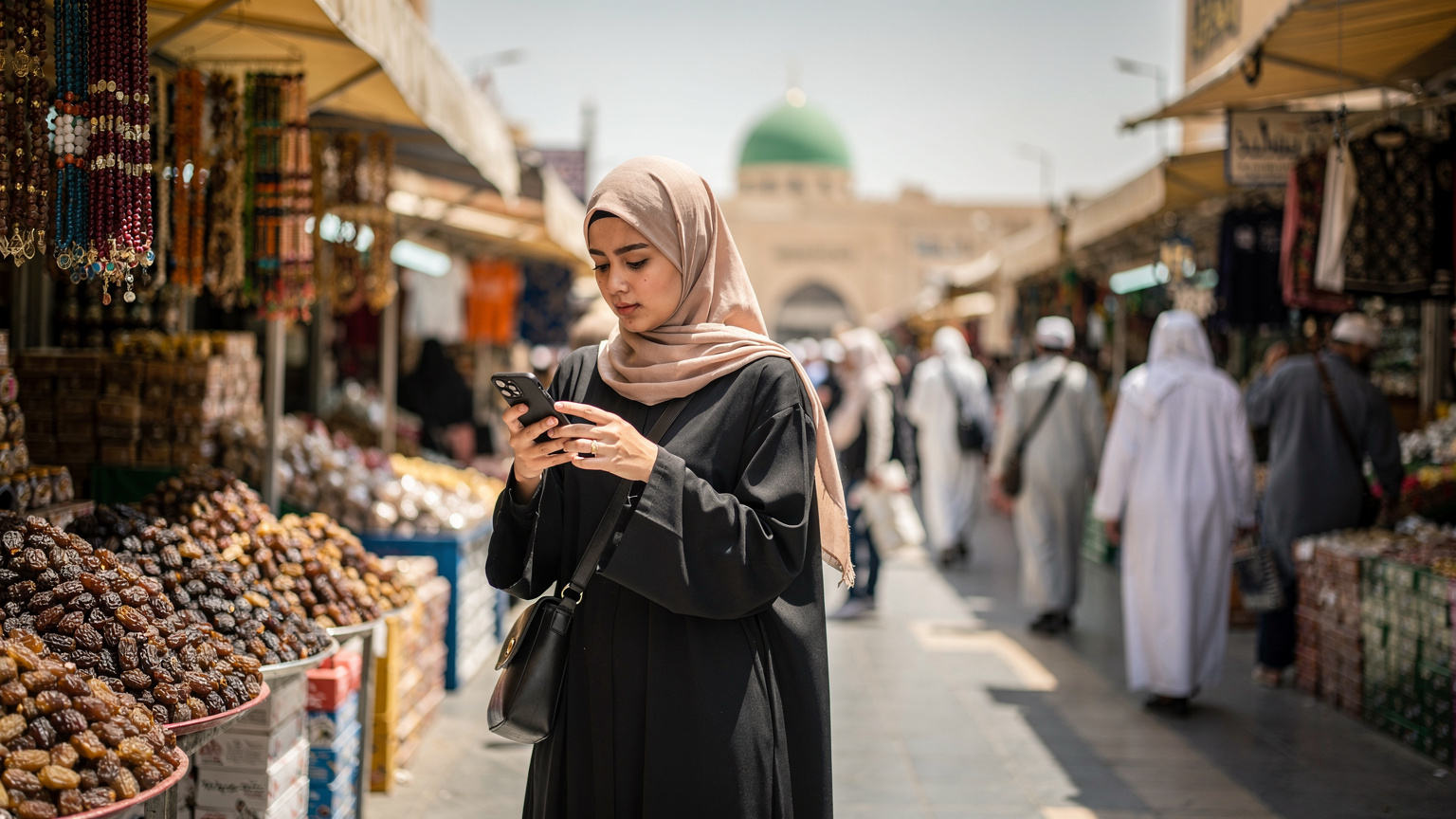 Seorang jemaah haji wanita Malaysia sedang menggunakan aplikasi peta di telefonnya untuk mencari arah di kawasan membeli-belah yang sibuk berhampiran Masjid Nabawi di Madinah.