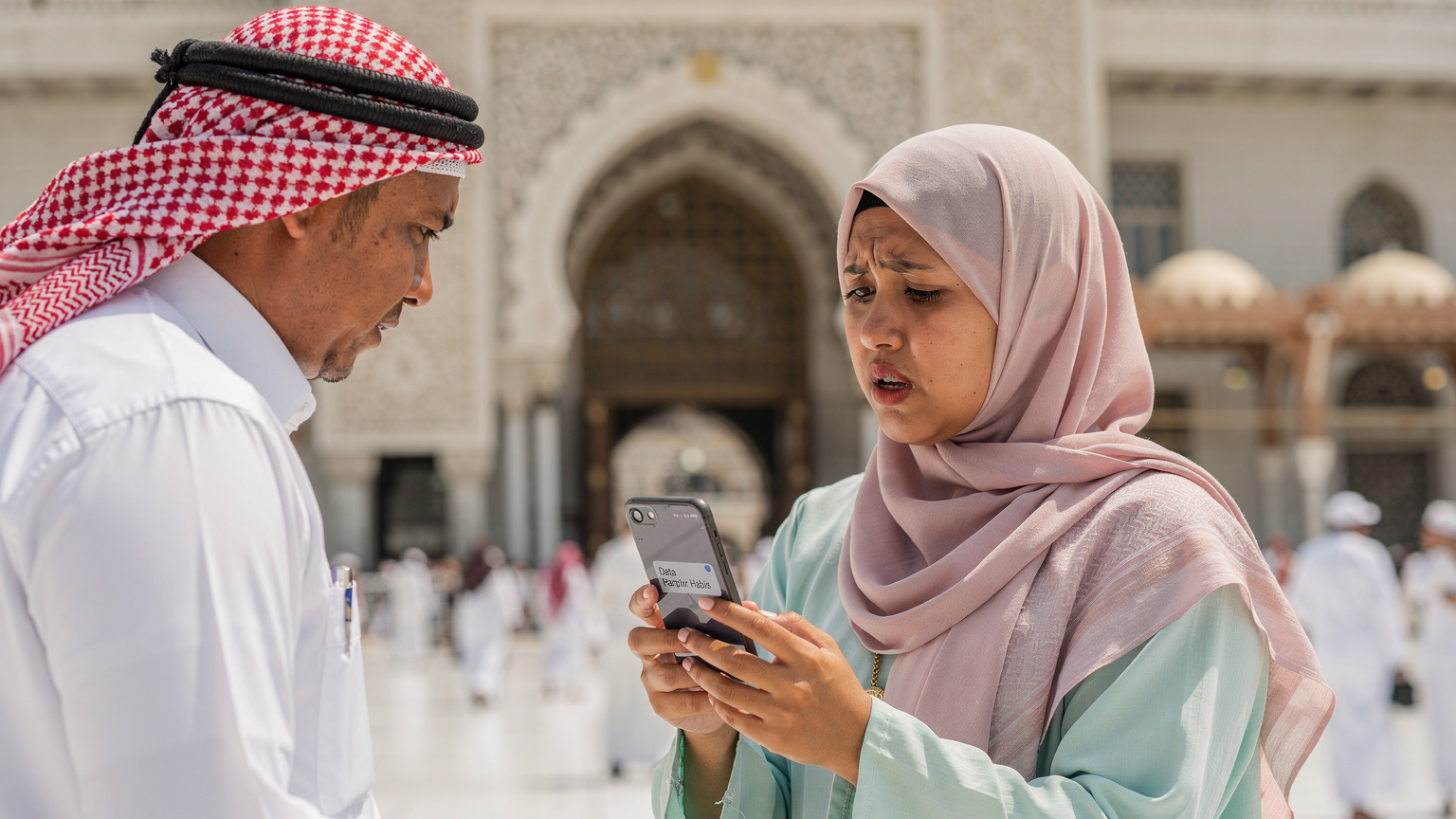 Seorang jemaah haji wanita menunjukkan skrin telefonnya yang memaparkan notifikasi 'data hampir habis' kepada mutawifnya di luar Masjidil Haram, Makkah.