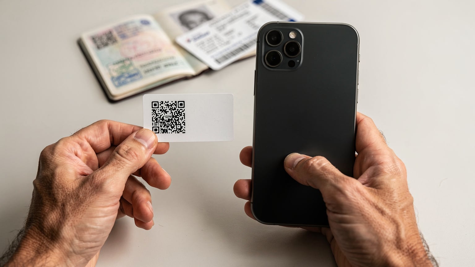 一隻手持著印有eSIM QR Code的紙張,另一隻手則將iPhone手機的攝像頭對準QR Code,準備掃描激活,桌面上有一個護照和一張登機牌。