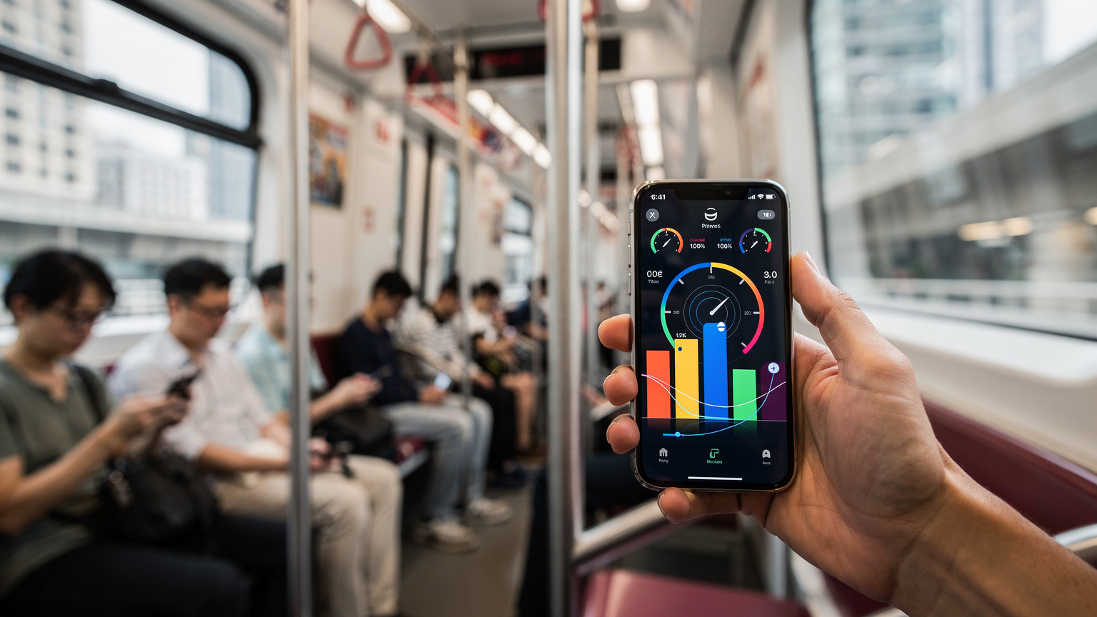 一隻手正在地鐵車廂內操作 iPhone, 屏幕上顯示著一個網絡速度測試的應用界面,背景是香港港鐵車廂的內部,有一些乘客坐在座位上。