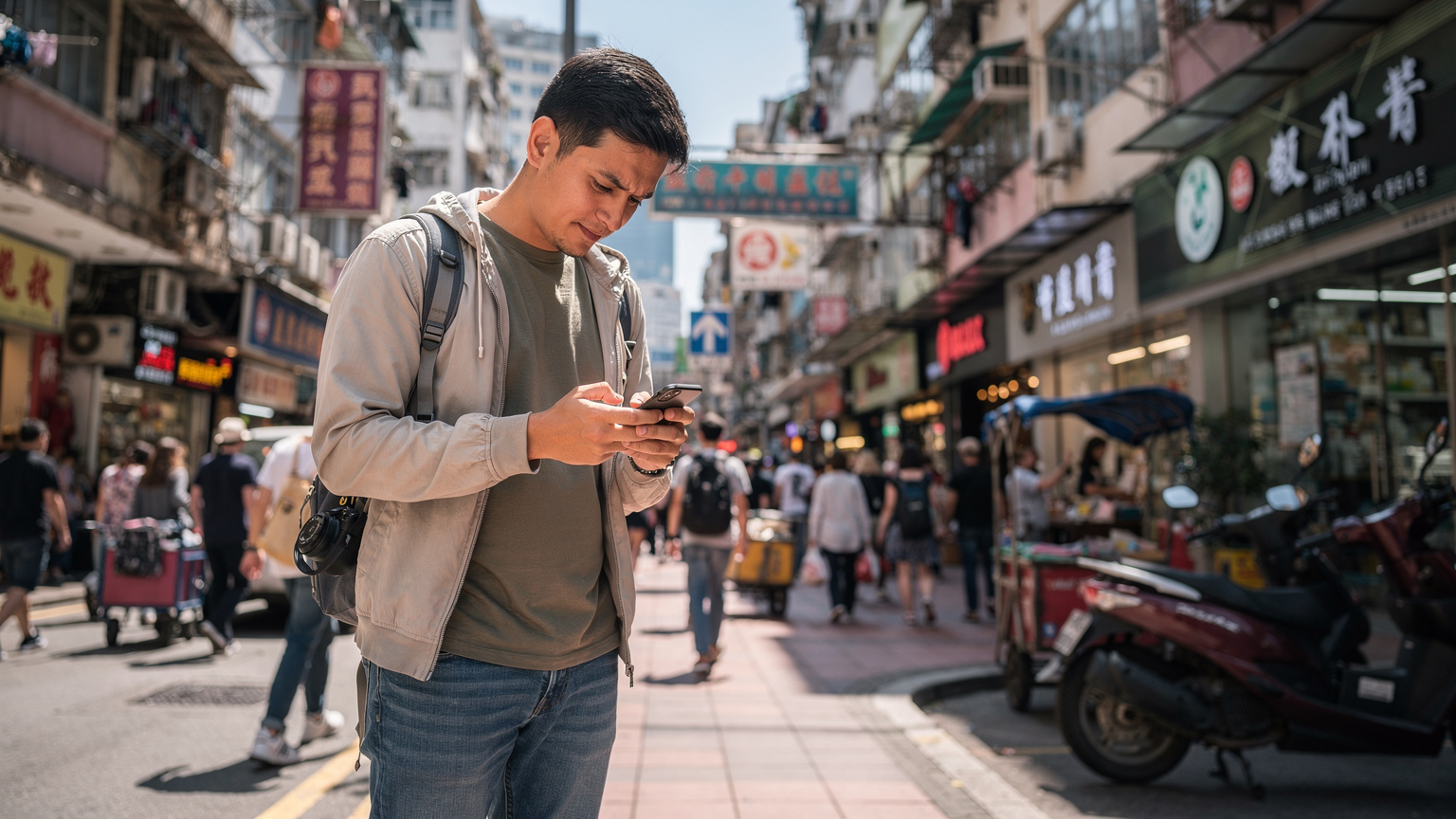 一名在香港旺角街頭的旅客,手持iPhone查看手機的SIM卡信息,背景是典型的香港舊區樓宇。