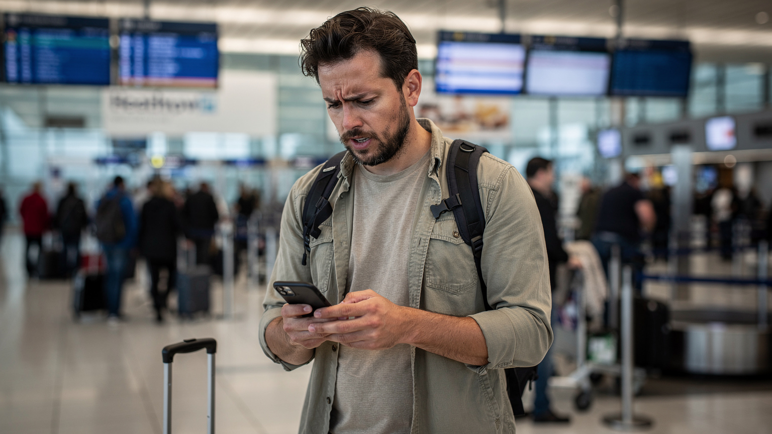 Un viajero frustrado en el aeropuerto de Heathrow, Londres, con su teléfono en la mano, mirando su pantalla con evidente preocupación por las tarifas de roaming.