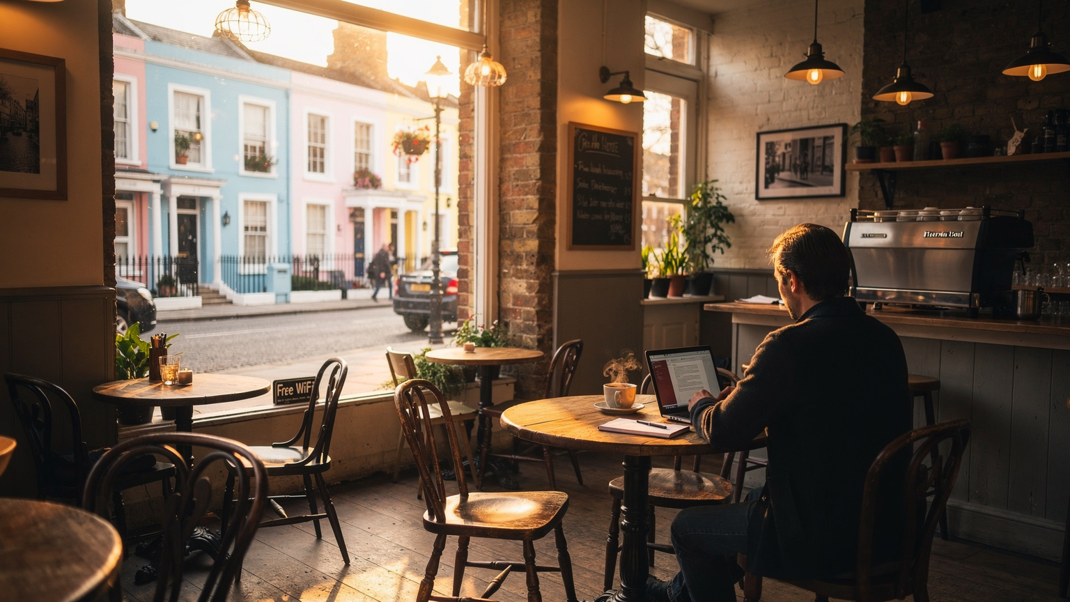 Un café acogedor en el barrio de Notting Hill, Londres, con una ventana que da a una calle bulliciosa, y en el interior, una persona trabajando tranquilamente en su portátil, con una taza de té al lado y una señal discreta de WiFi en el fondo.