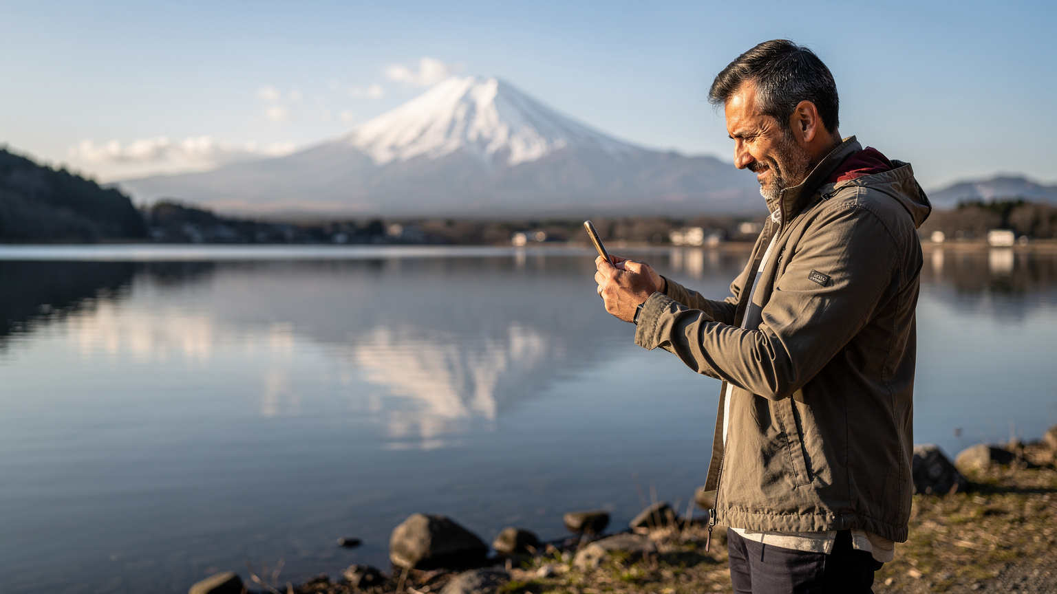 Japonya'nın Fuji Beş Gölü bölgesindeki Kawaguchiko Gölü kıyısında, elinde akıllı telefonuyla Fuji Dağı'nın eşsiz manzarasını fotoğraflayan veya paylaşan bir Türk gezgin.