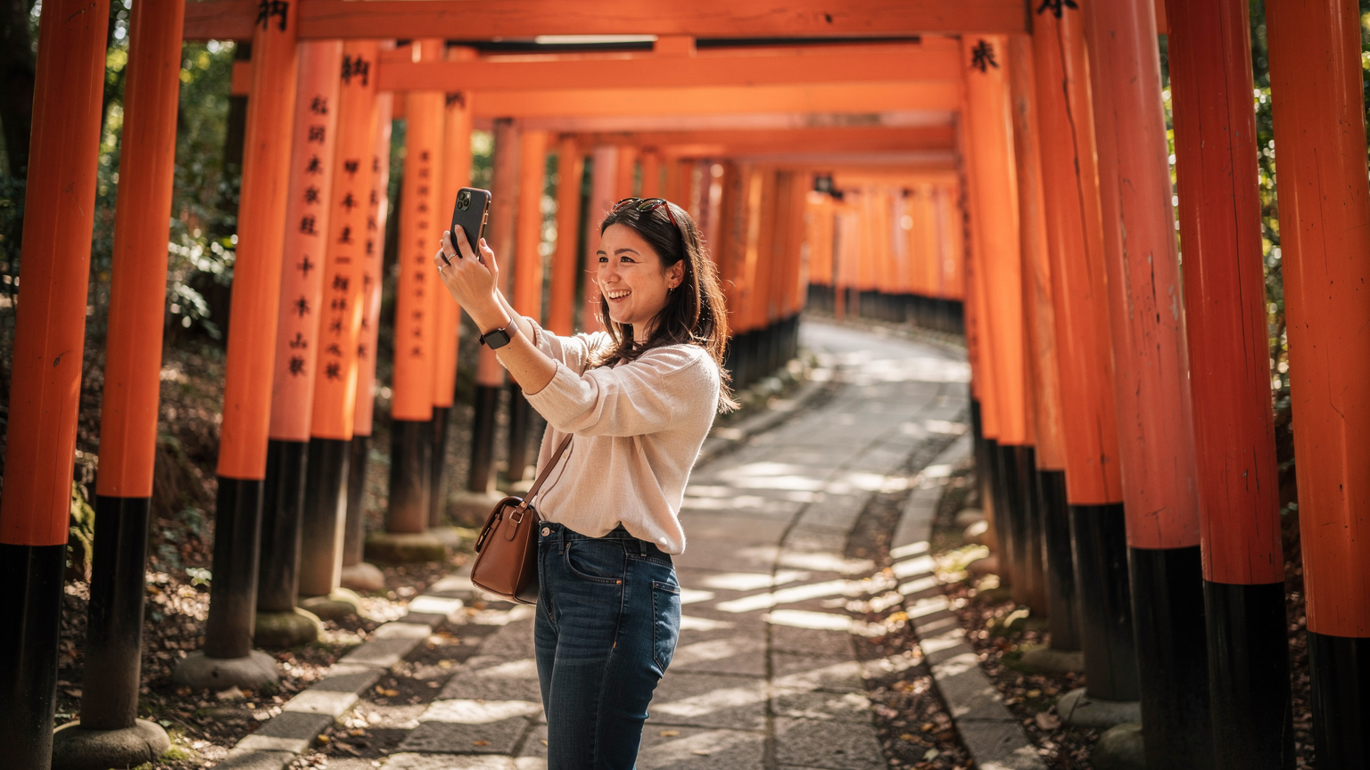 Kyoto'nun Fushimi Inari Tapınağı'nın ikonik torii kapılarından birinde, cep telefonunu kullanarak bir selfie çeken veya anı kaydeden neşeli bir Türk gezgin.