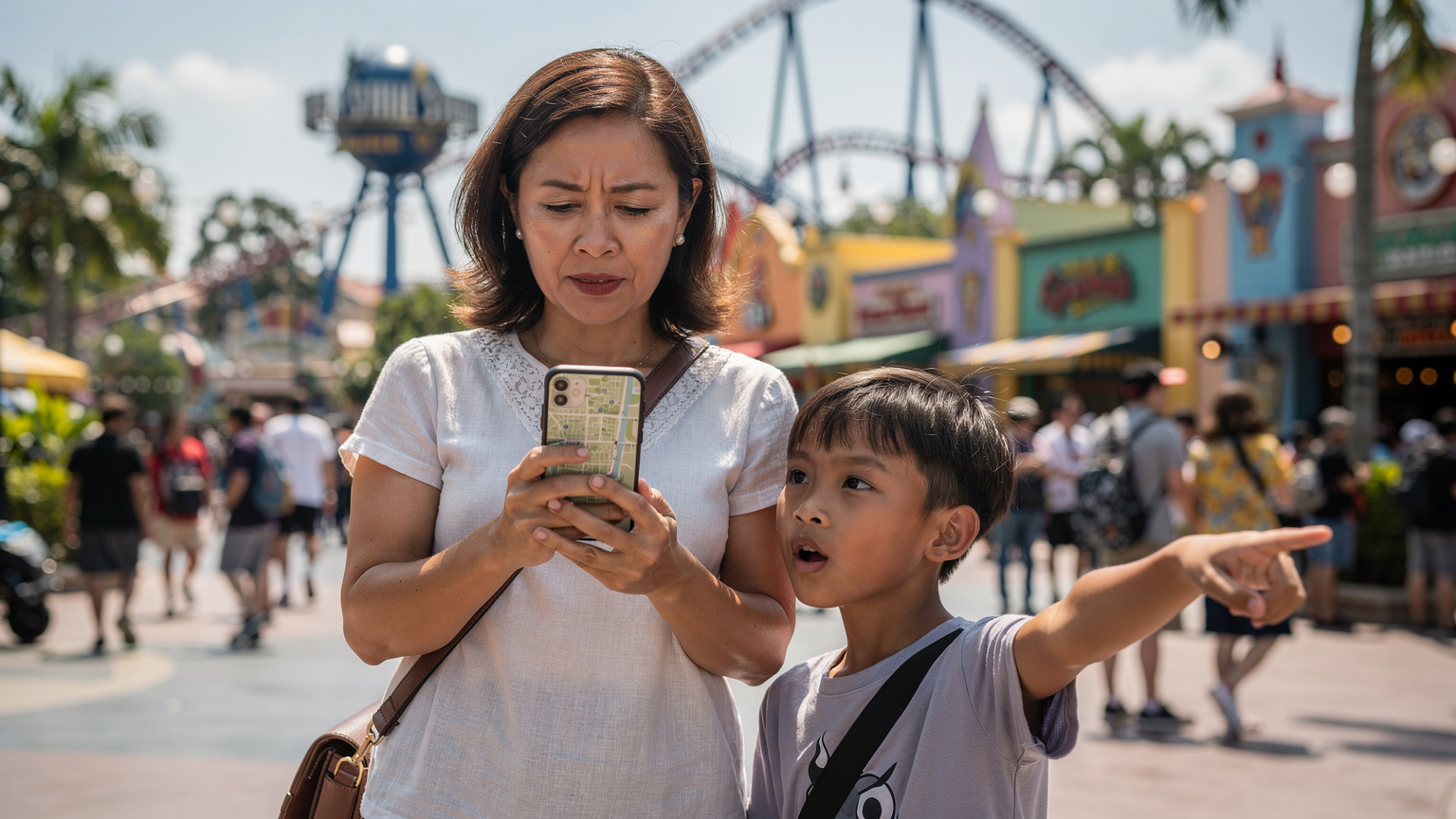 Seorang ibu memegang iPhone-nya, sedang memeriksa aplikasi peta di taman hiburan Universal Studios Singapore yang ramai, dengan seorang anak kecil di sampingnya menunjuk ke arah wahana.