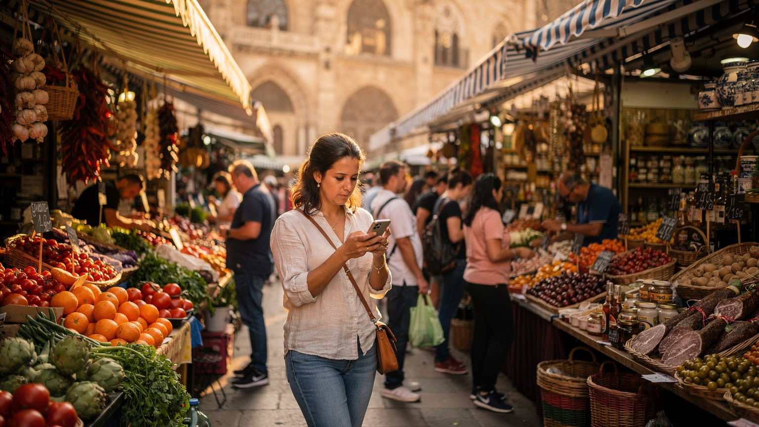 Una donna in viaggio attraversa un tipico mercato all'aperto a Siviglia, Spagna, con bancarelle colorate di frutta e verdura, e usa discretamente il suo telefono per orientarsi o controllare qualcosa.