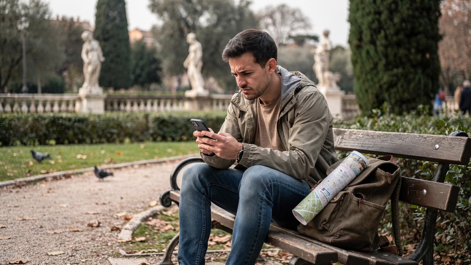 Un viaggiatore seduto su una panchina in un parco pubblico a Roma, con un'espressione preoccupata mentre guarda lo schermo del suo smartphone, forse per un problema di connessione o costi inaspettati.