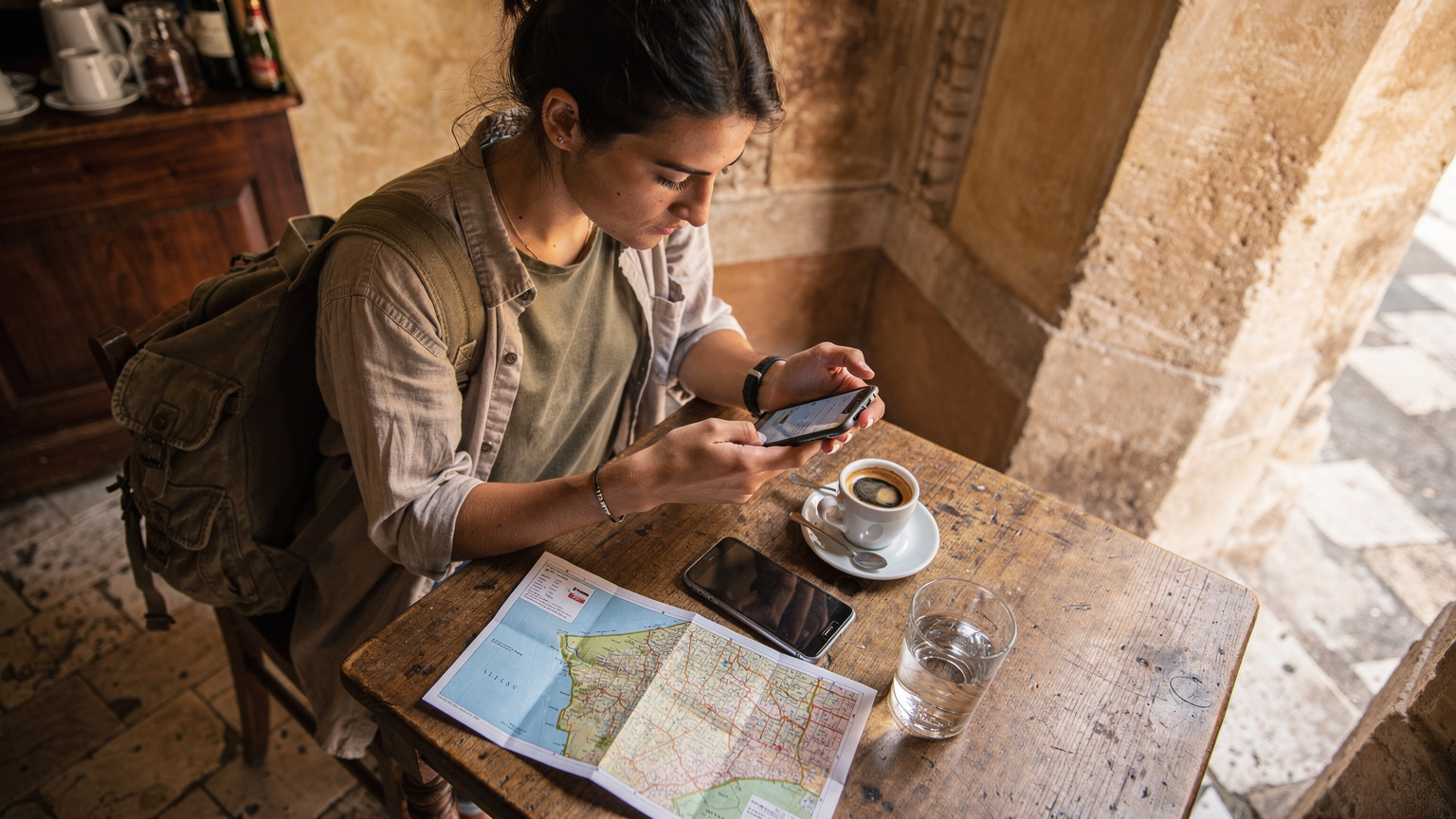 Una viaggiatrice attenta al budget esamina le opzioni di connettività sul suo smartphone mentre è seduta in un caffè tradizionale a Lecce, con una tazzina di caffè in mano e una mappa piegata accanto.