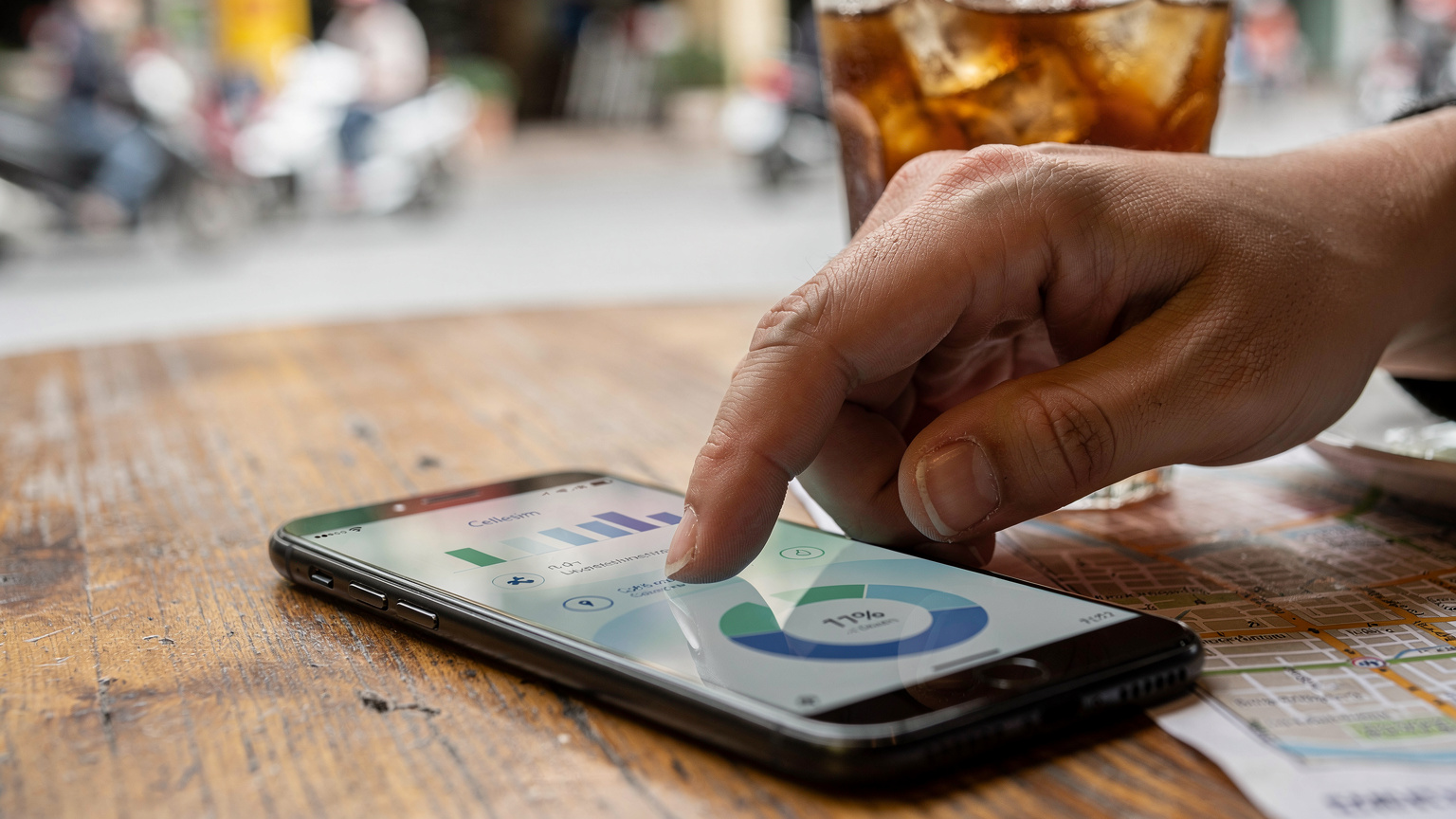 Cận cảnh một bàn tay đang lướt trên màn hình điện thoại, kiểm tra mức sử dụng data trong ứng dụng Cellesim, với một cốc trà đá và bản đồ giấy ở phía sau.