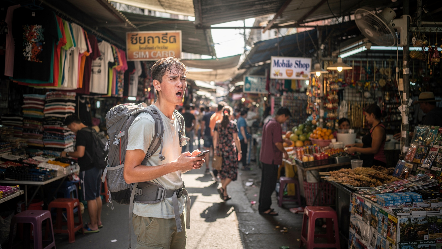 Một du khách trẻ đang loay hoay tìm kiếm cửa hàng SIM vật lý tại một khu chợ đông đúc ở Bangkok, Thái Lan, với vẻ mặt bối rối và mệt mỏi.