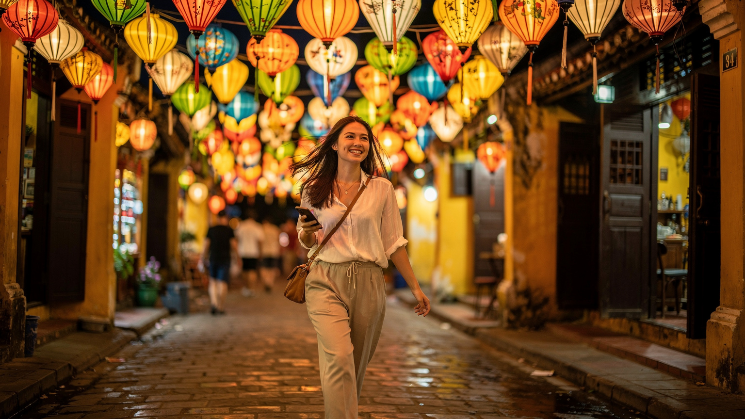 Một cô gái trẻ đang mỉm cười, tự tin đi bộ qua một khu phố cổ được trang trí đèn lồng rực rỡ, tay cầm điện thoại đã kết nối, sẵn sàng khám phá lễ hội.