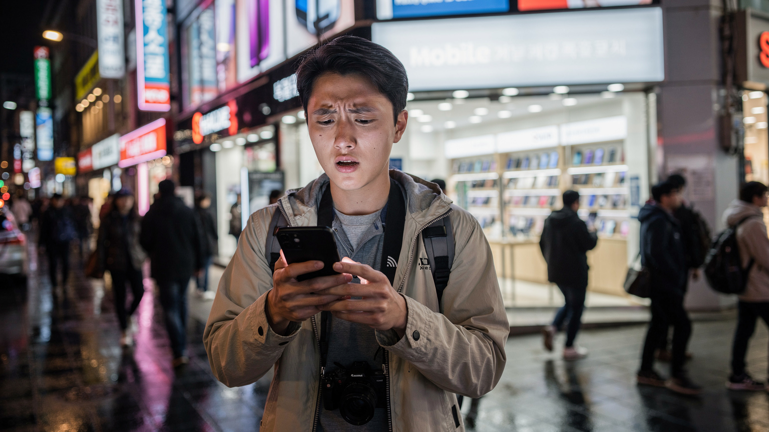 Một du khách đang đứng trước một cửa hàng điện thoại di động nhộn nhịp ở khu Myeongdong, Seoul, Hàn Quốc, với vẻ mặt lo lắng khi điện thoại không có sóng.