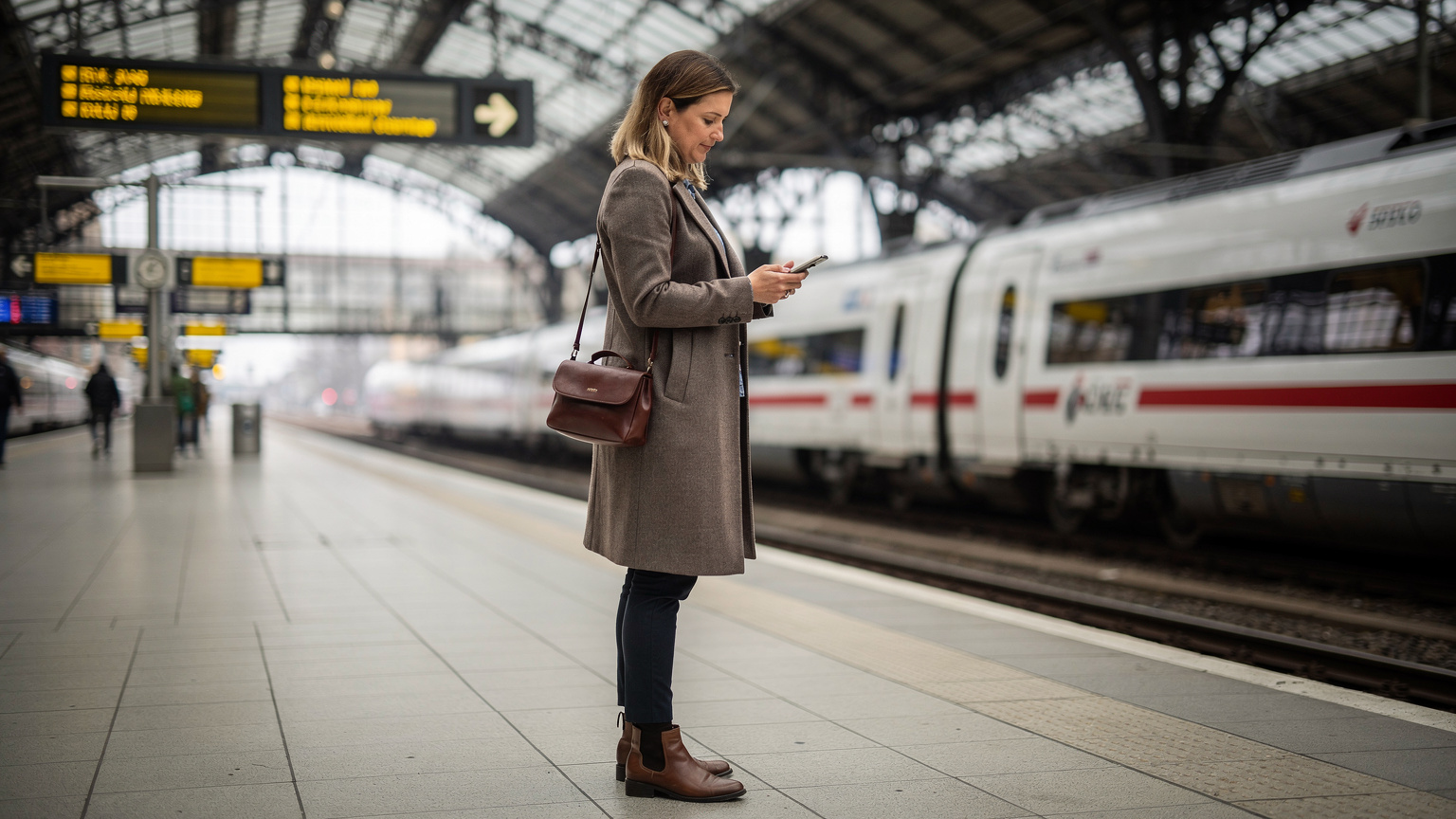 Polka na peronie pociągu Intercity w Berlinie, sprawdzająca swój iPhone 18 w oczekiwaniu na pociąg do Polski.