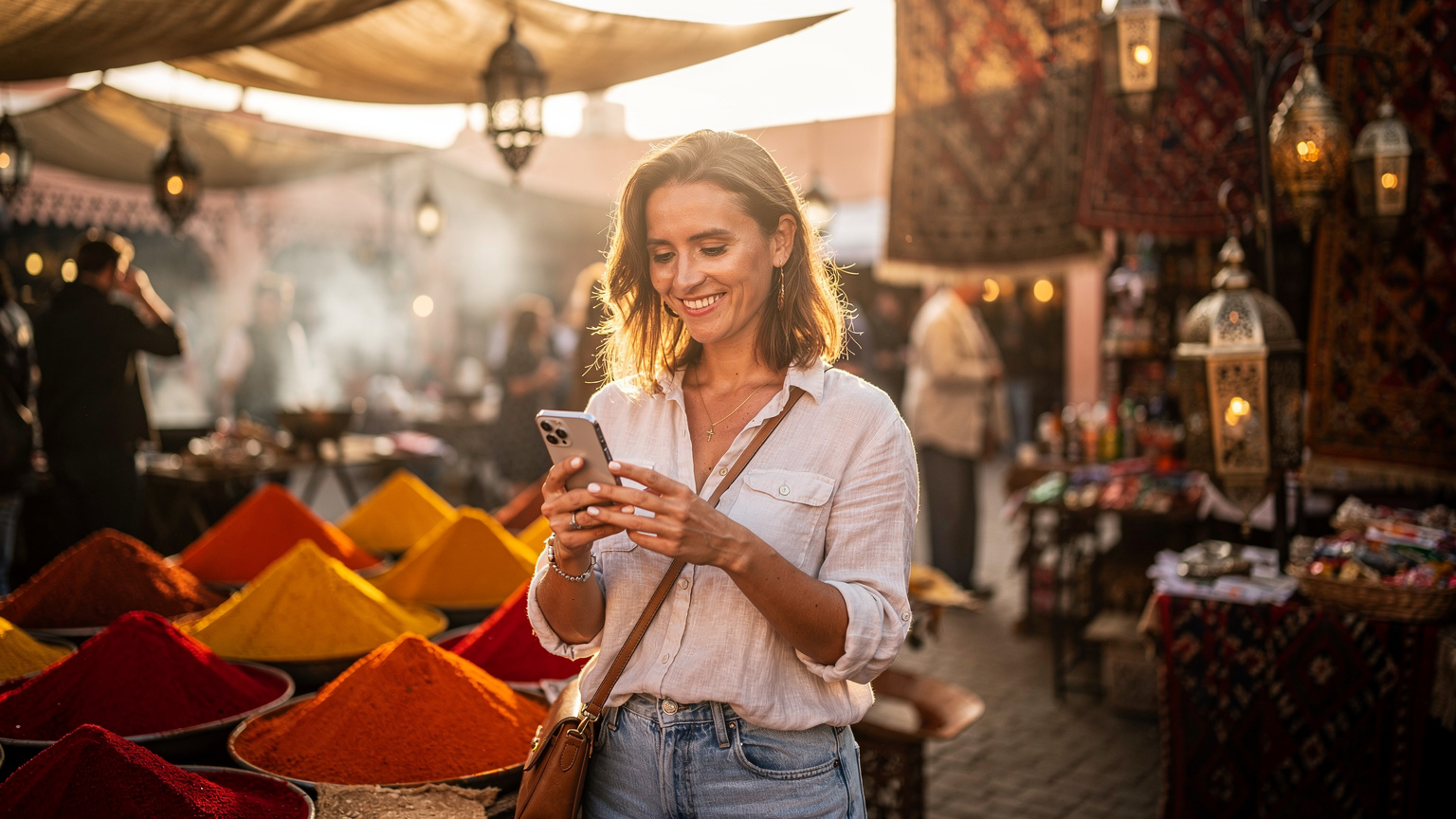 Uśmiechnięta Polka na targu w Marrakeszu, w tle stragany z przyprawami, trzymająca iPhone'a 18.