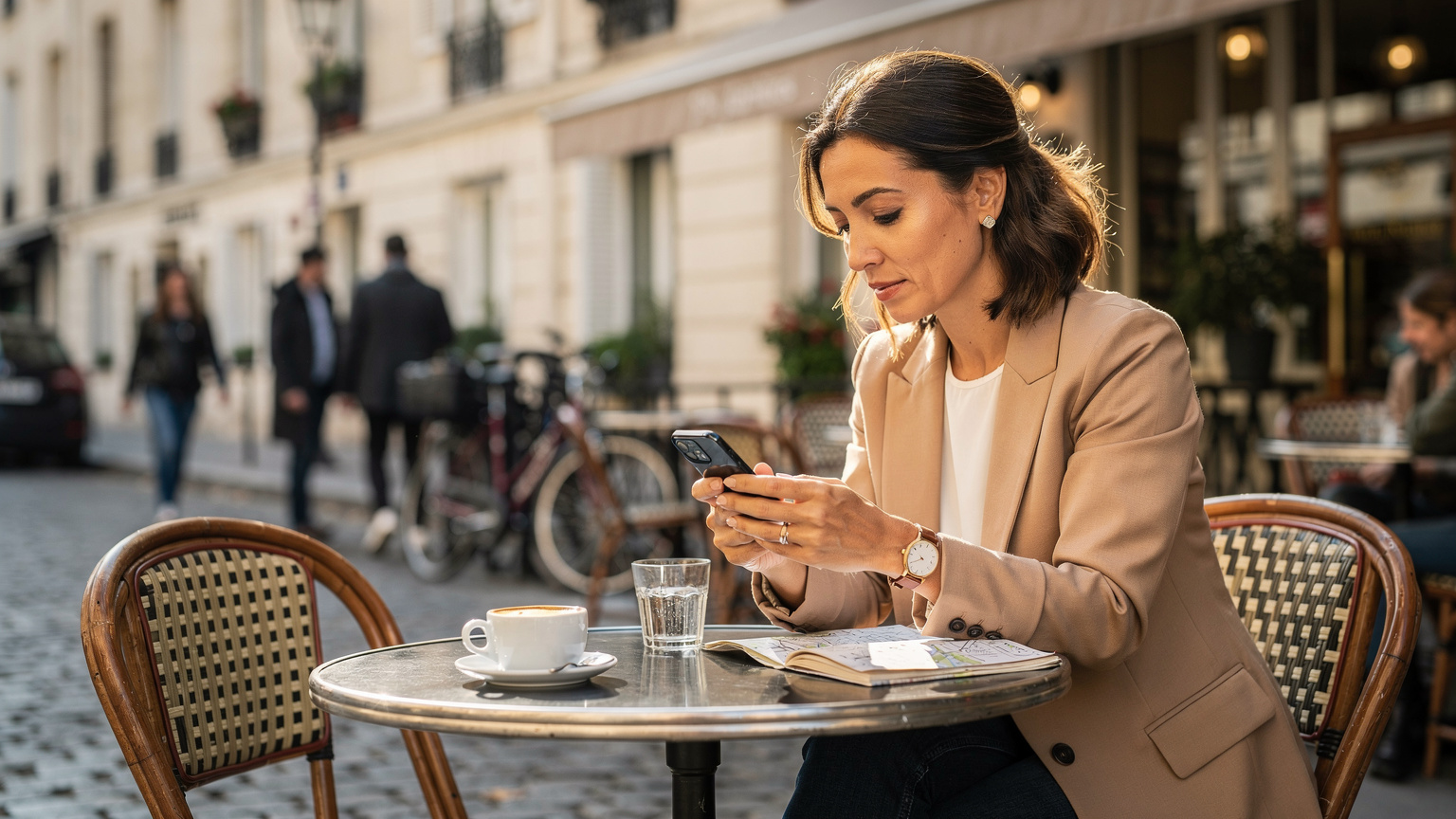 En kvinde sidder på en travl gadecaf i Marais-kvarteret i Paris, nipper til kaffe og navigerer på sin iPhone med en åben eSIM-app, mens gyldent eftermiddagslys falder ind gennem vinduet.