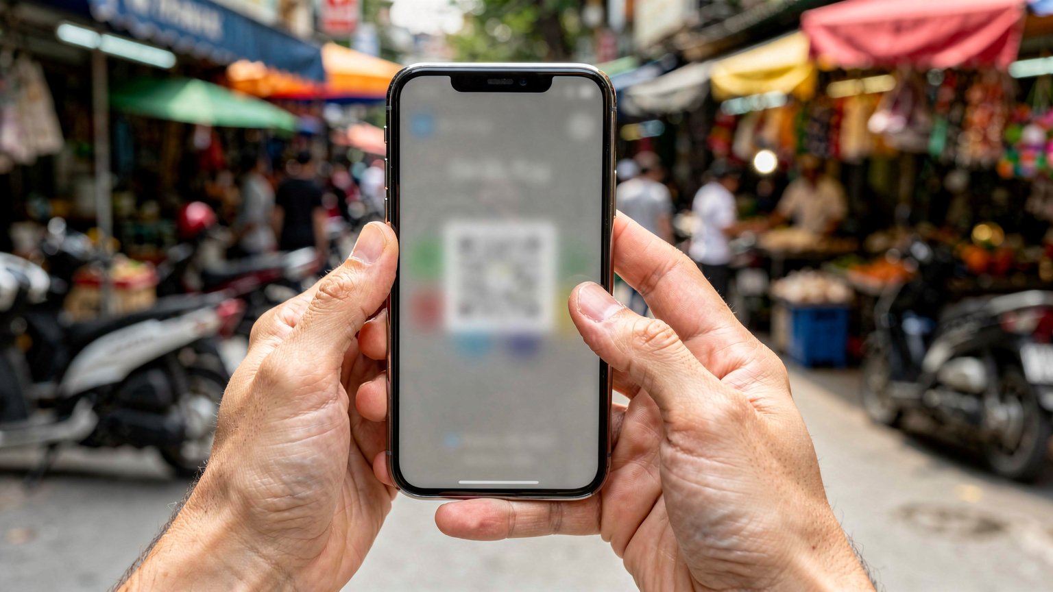 Nærbillede af hænder, der holder en iPhone, hvor skærmen viser trinene til at scanne en QR-kode for eSIM-aktivering, med en let sløret, farverig baggrund af en travl gade i Hanoi's Old Quarter.