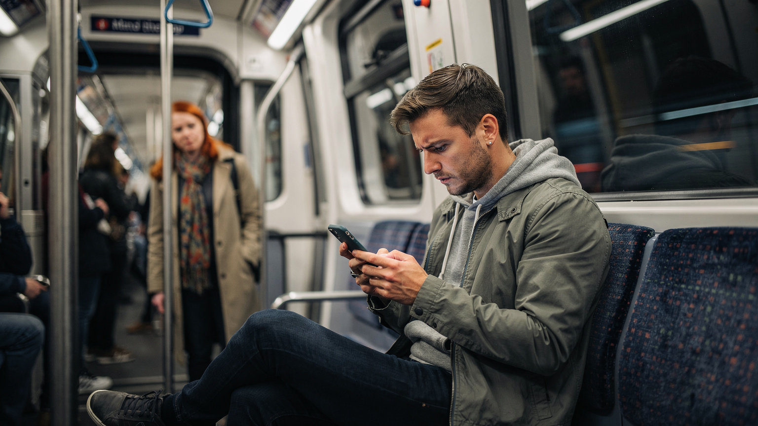 En person, der sidder på en travl metro i London, holder sin iPhone og ser ud til at være utilfreds med dårlig signalstyrke, med en ikonisk rødhåret London Underground-passager i baggrunden, fanget i et blødt, diffust lys.