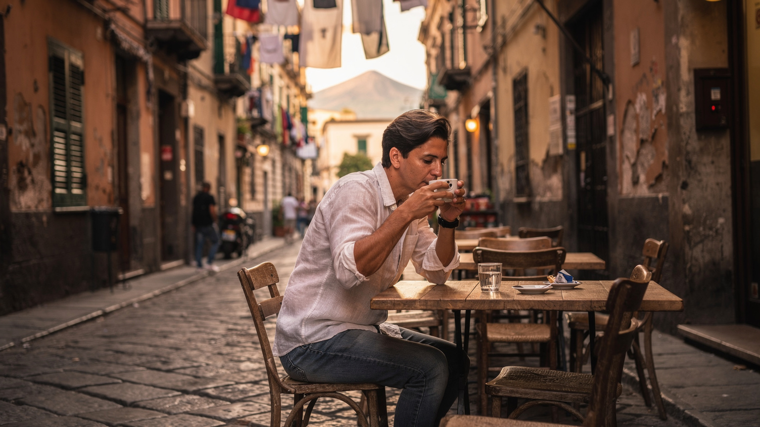 En person sidder ved et lille bord på en travl gadecaf i Napoli, holder sin iPhone og nipper til en espresso, med Vesuv i baggrunden, badet i den varme eftermiddagssol.