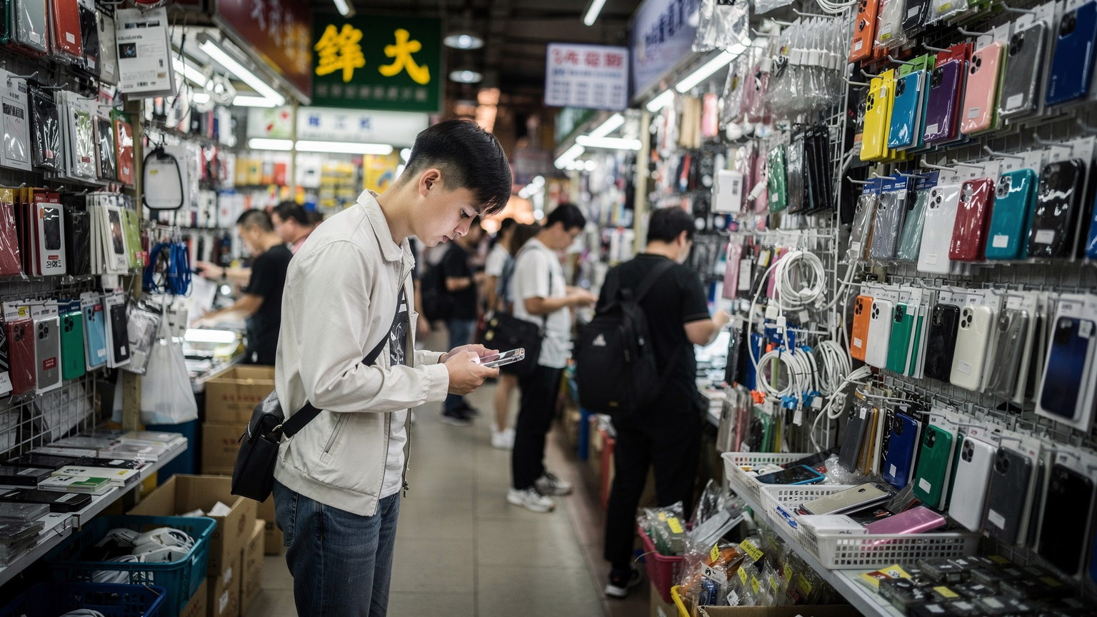 在中国深圳华强北电子市场的室内,一位年轻顾客正在一个密集的手机配件摊位前,仔细查看货架上的商品,背景是琳琅满目的电子产品和熙熙攘攘的人群,展现出市场特有的活力和密集感。