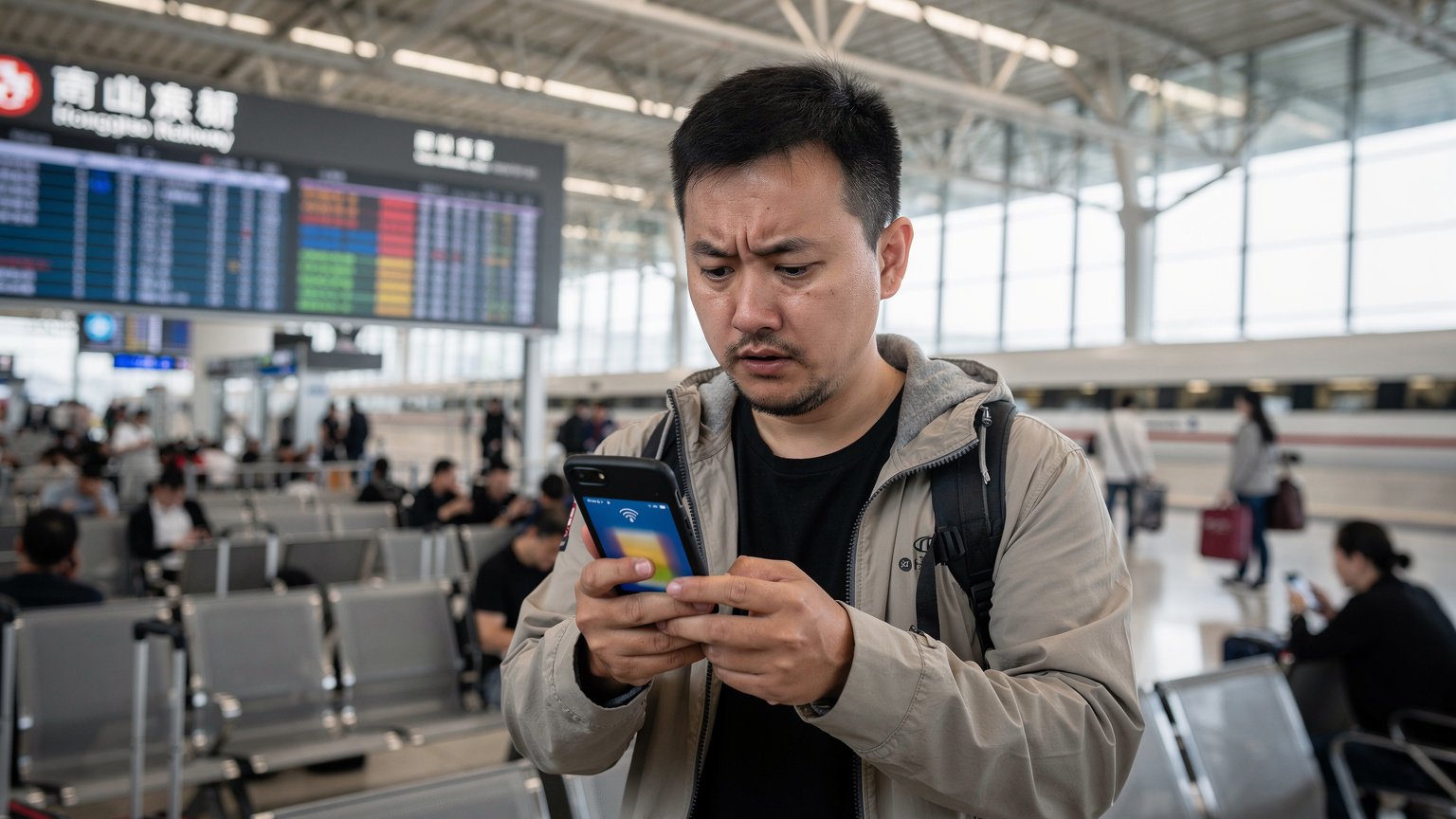 一名旅行者在上海虹桥火车站繁忙的候车大厅内,焦急地看着手中的智能手机屏幕,屏幕上显示着信号不佳或网络连接错误的信息,背景是人来人往的旅客和车站的大屏幕,光线明亮而略显嘈杂。