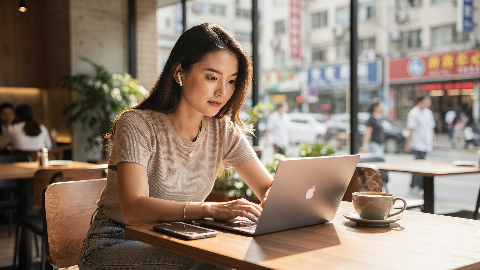 一位中国女性数字游民在上海静安区的一家现代风格咖啡馆里,使用MacBook笔记本电脑工作,旁边放着一杯咖啡和她的iPhone手机,手机屏幕显示着网络信号良好,窗外是繁忙的城市街道,光线透过玻璃窗柔和地洒入。
