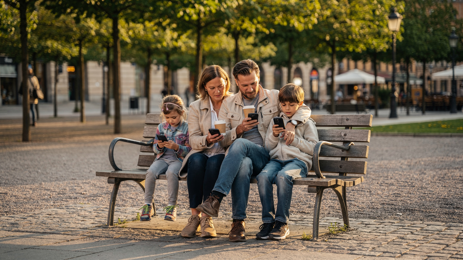 En familj på fyra sitter avslappnat på en bänk i Kungsträdgården, Stockholm, under en solig dag. De två barnen, cirka 7 och 10 år, leker med varsin telefon, medan föräldrarna, med en kaffekopp i handen, tittar på sina egna telefoner, troligen för att planera nästa steg eller kolla nyheter.