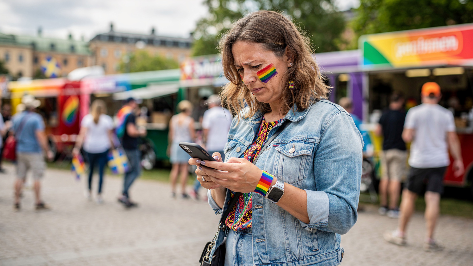 En kvinna i 40-årsåldern, klädd i färgglada kläder och med en regnbågsflagga målad på kinden, står vid en food truck på Pride Park i Stockholm och tittar med en lätt stressad men beslutsam min på sin telefon. Kanske kollar hon programmet eller försöker få kontakt med någon.