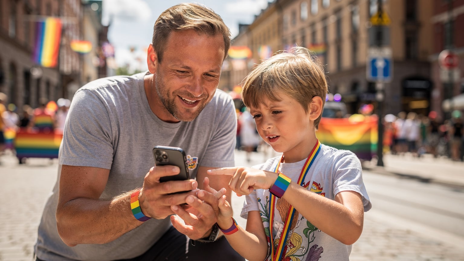 En pappa i 40-årsåldern guidar sin son, cirka 9 år, genom en digital karta på en smartphone under Pride i Stockholm. Sonen pekar ivrigt på en specifik plats på skärmen, medan pappan ler. De står vid en trottoarkant, med festliga dekorationer i bakgrunden.