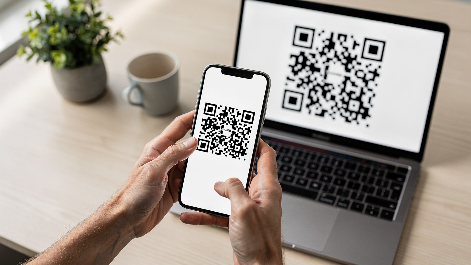 Närbild på en förälders händer som försiktigt håller en smartphone och skannar en QR-kod som visas på en datorskärm. QR-koden är för installation av ett eSIM. Bakgrunden är oskarp och visar ett minimalistiskt, ljust hemkontor.