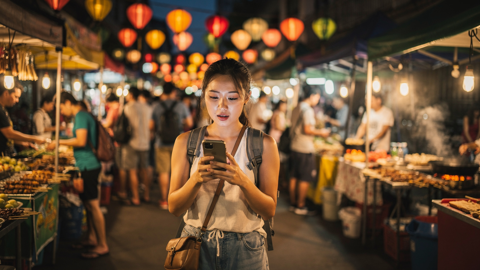一名中国女性旅行者在泰国清迈的街头夜市,手持手机查看Google Maps。周围是琳琅满目的小吃摊和熙熙攘攘的人群,灯笼和彩灯营造出温馨热闹的氛围。