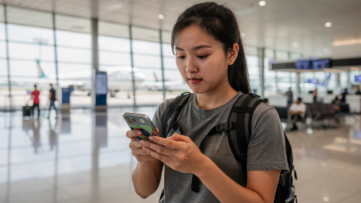 一名中国女性旅客,在马来西亚吉隆坡国际机场,手持iPhone手机,屏幕上显示着eSIM激活的界面,她正在进行最后的设置。背景是机场候机大厅的现代感玻璃幕墙和远处的飞机。