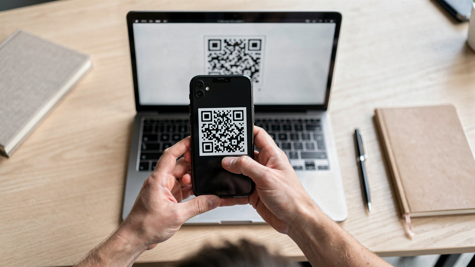Two hands holding a smartphone, scanning a QR code displayed on a computer screen for seamless eSIM activation.