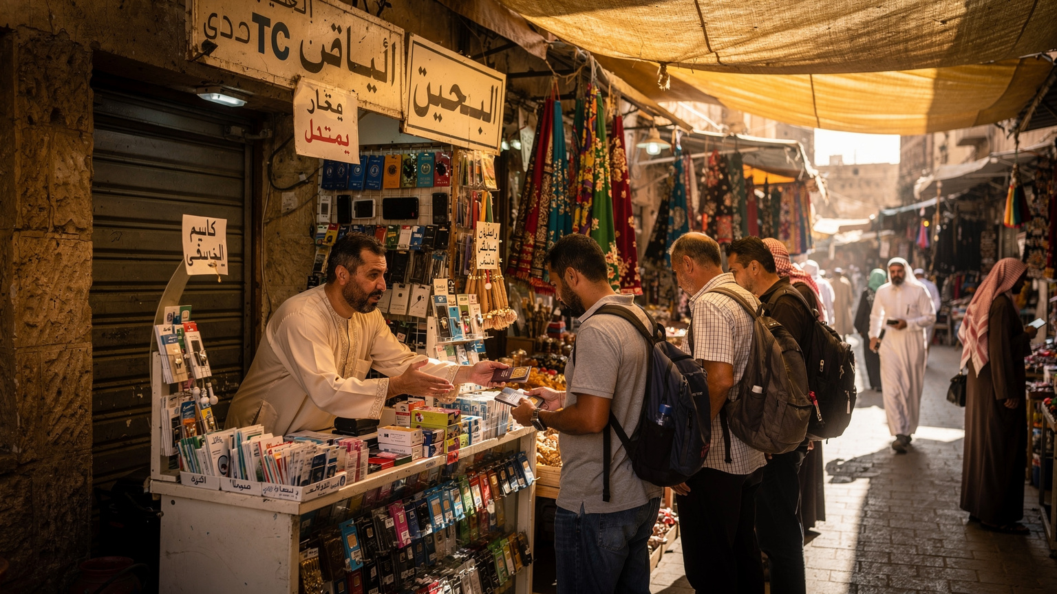A bustling SIM card vendor stall in a Saudi Arabian market, with various mobile carrier logos and a small queue of customers.