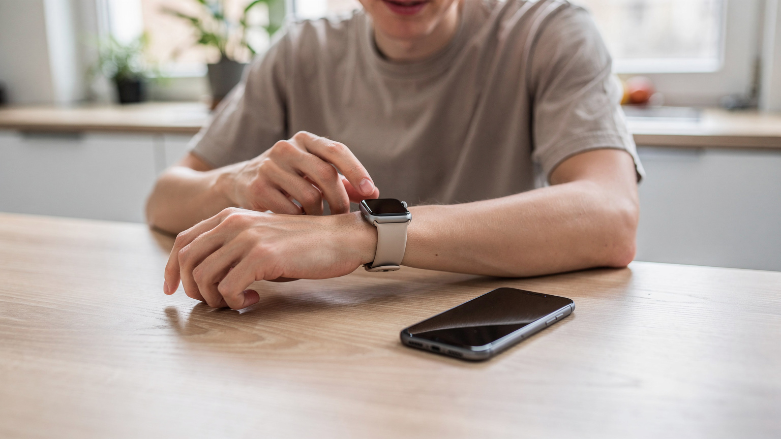 Eine Person tippt auf ihre Apple Watch, während sie am Küchentisch sitzt und ihr iPhone daneben liegt, beide Geräte sind in Betrieb.