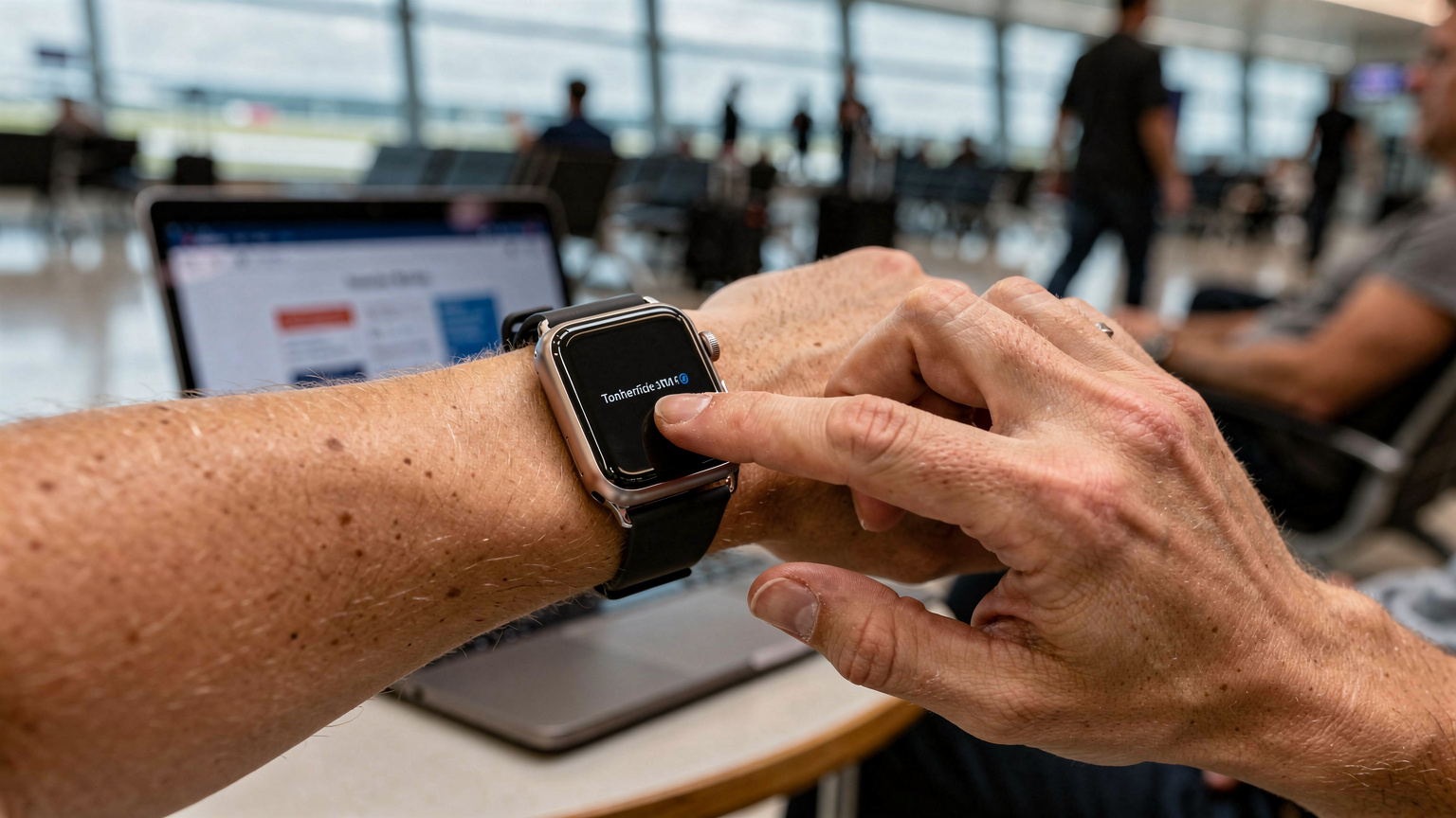 Nahaufnahme von Händen, die eine Apple Watch einrichten, im Hintergrund ist ein Laptop mit einer Konfigurationsmaske zu sehen, im Kontext eines geschäftigen Flughafens.