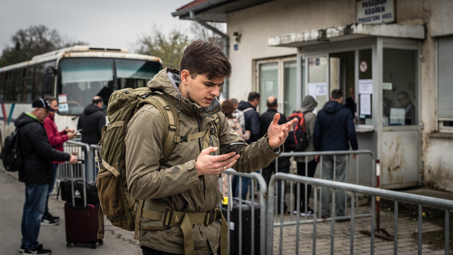 Bir sınır kapısında, otobüsten inmiş, pasaport kontrol sırası bekleyen genç bir gezgin. Yüzünde hafif bir endişe var, elindeki telefonuna bakarak internet bağlantısını kontrol etmeye çalışıyor. Arka planda otobüsler ve diğer yolcular görünüyor.