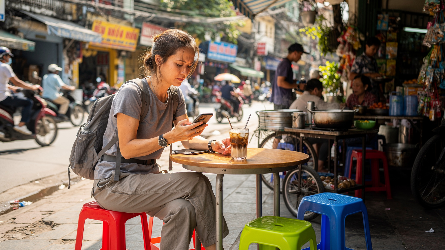 Asya'da, özellikle Hanoi'deki dar bir sokak kafesinde oturan bir gezgin. Kahvesini yudumlarken, telefonunda mobil veri kullanımını kontrol ediyor, arka planda yerel halkın günlük yaşamı ve hareketli sokak manzarası görünüyor.