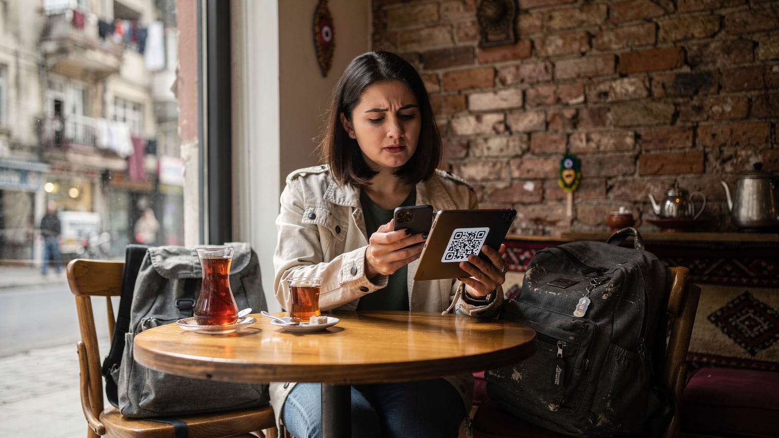 Yurt dışı seyahatinden önce oturduğu kafede kahvesini içerken, bir yandan da eSIM QR kodunu taramak için hazırlık yapan bir gezgin. Telefonu ve tabletini yan yana konumlandırmış, tabletinde QR kodunu açık tutuyor.