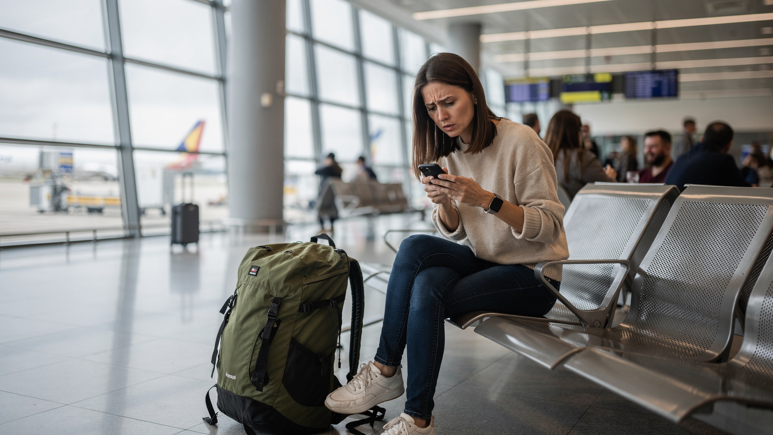 O femeie cu un rucsac de călătorie, stă pe o bancă în aeroport, privind cu îngrijorare ecranul smartphone-ului, simbolizând o problemă de conectivitate înainte de zbor.
