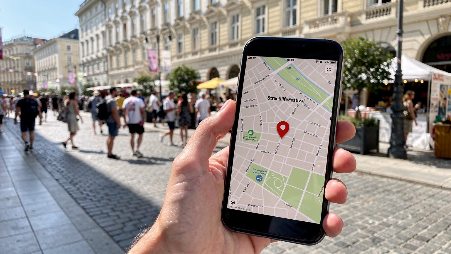 Mână umană ținând un smartphone cu o hartă a Vienei pe ecran, indicând locația festivalului, cu clădiri istorice și o stradă pietonală aglomerată în fundal.
