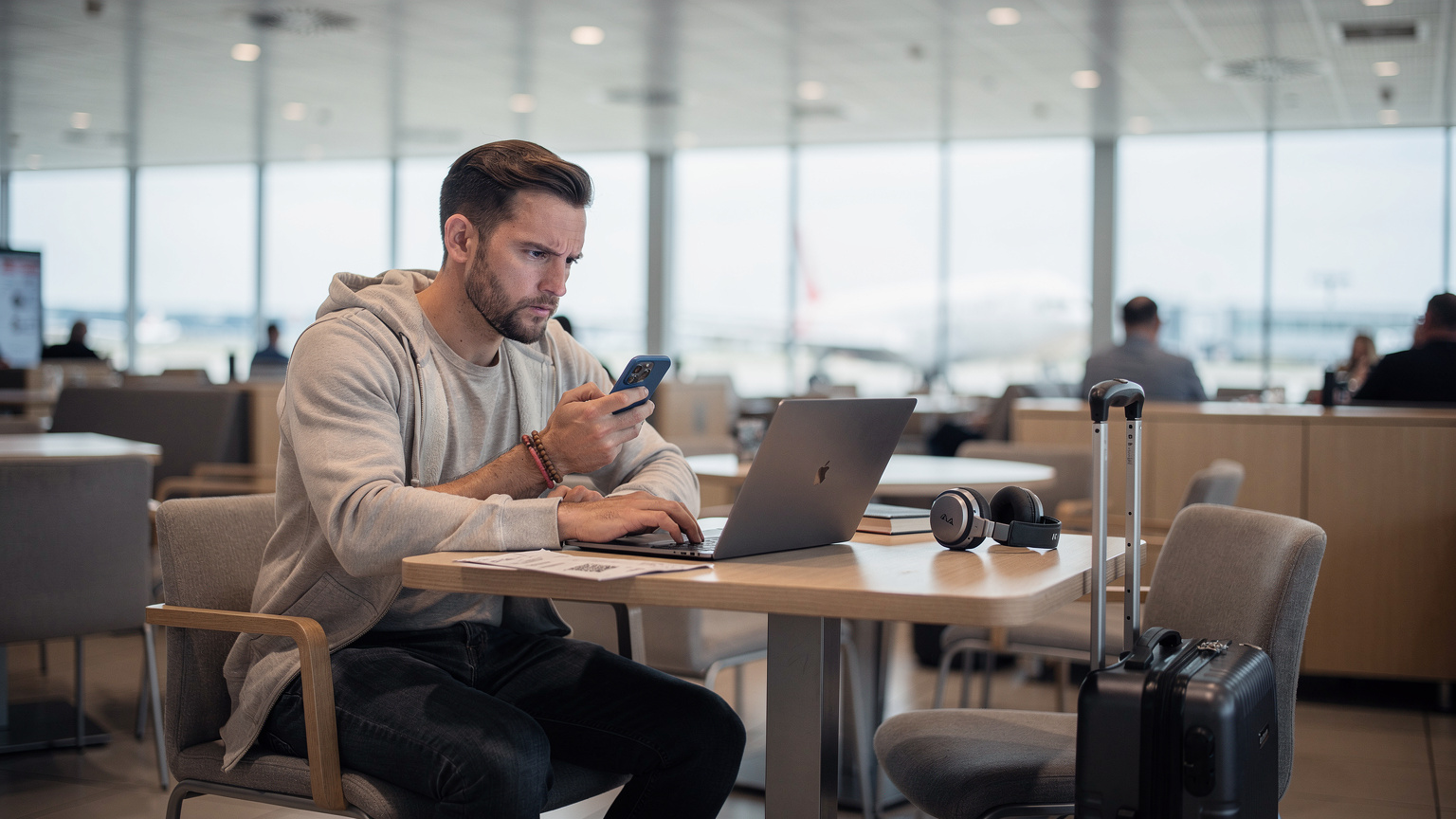 Un călător, cu o valiză lângă el, încearcă să scaneze un cod QR de eSIM de pe ecranul unui laptop într-un aeroport modern din Viena, arătând o ușoară frustrare.