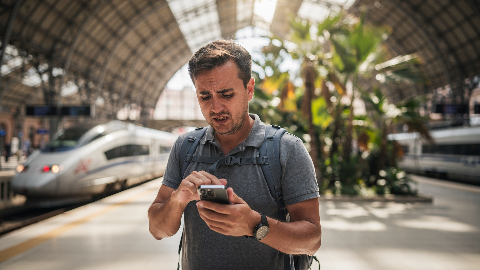 Un viajero con mochila consultando su móvil en la estación de Atocha, Madrid, con un aire de frustración por la conexión, mientras los trenes de alta velocidad se ven al fondo.