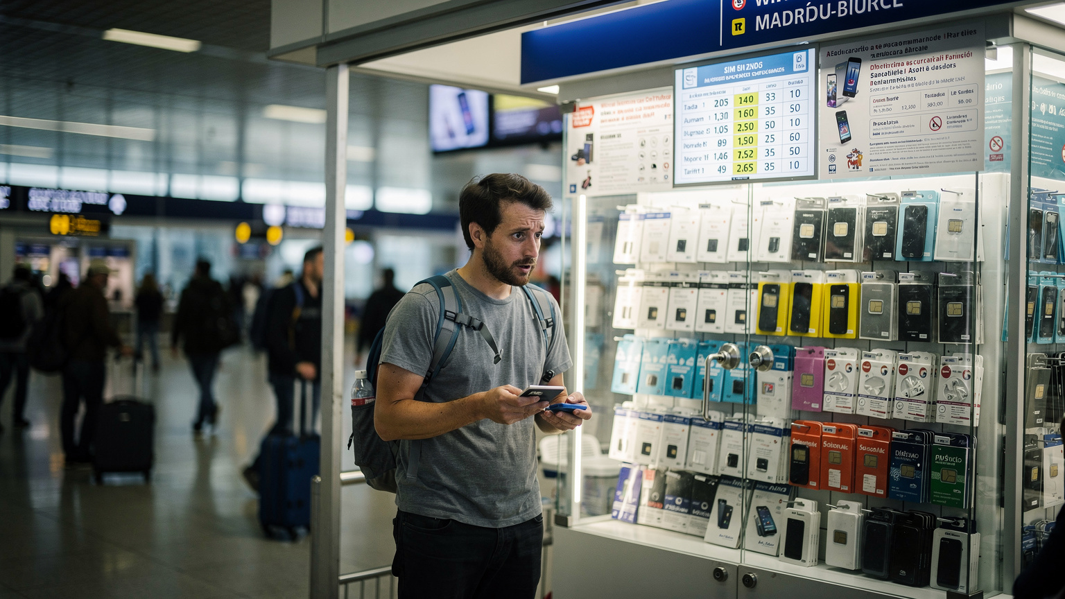 Un puesto de venta de tarjetas SIM con carteles en varios idiomas en el aeropuerto Adolfo Suárez Madrid-Barajas, con un viajero mirando los precios con confusión.