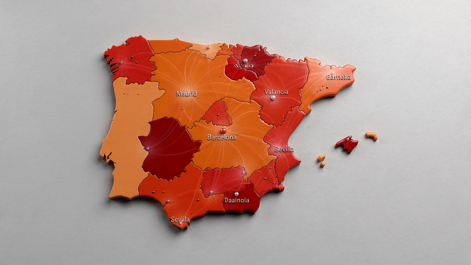 Un mapa de España con diferentes áreas resaltadas en colores naranja y rojo, simbolizando la cobertura de red de Orange y Vodafone, visto desde una perspectiva aérea con un toque minimalista.