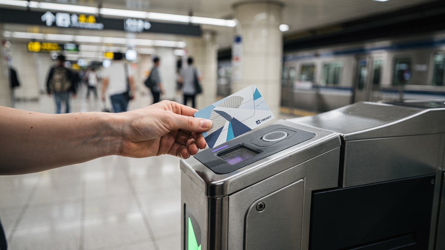 Ein Reisender hält seine T-Money-Karte an ein Lesegerät an einer U-Bahn-Schranke in Seoul, während andere Pendler im Hintergrund vorbeigehen.