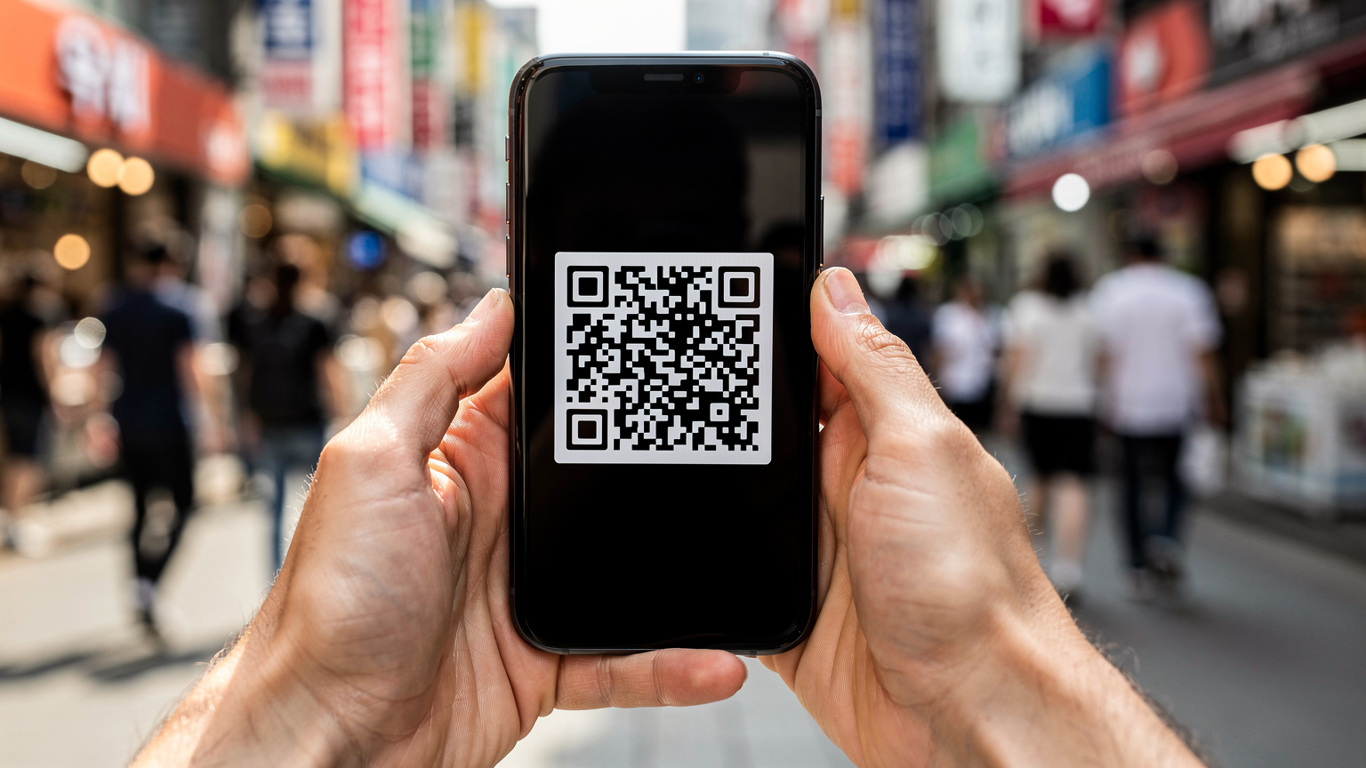 Nahaufnahme von Händen, die ein Smartphone halten, auf dessen Bildschirm ein QR-Code für die eSIM-Installation zu sehen ist, im Hintergrund verschwimmt eine belebte koreanische Einkaufsstraße.